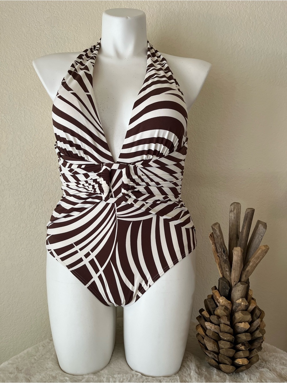 Tommy Bahama Brown and White Halter One-Piece Swimsuit